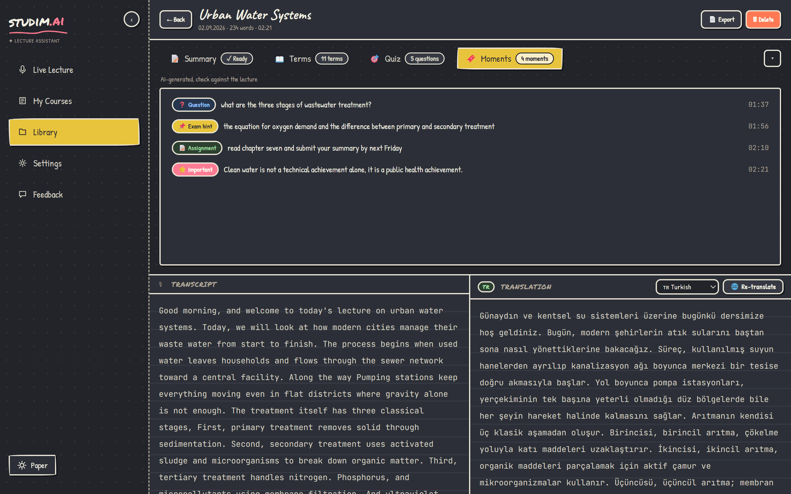 Moments tab: every exam hint, question and assignment from the lecture.