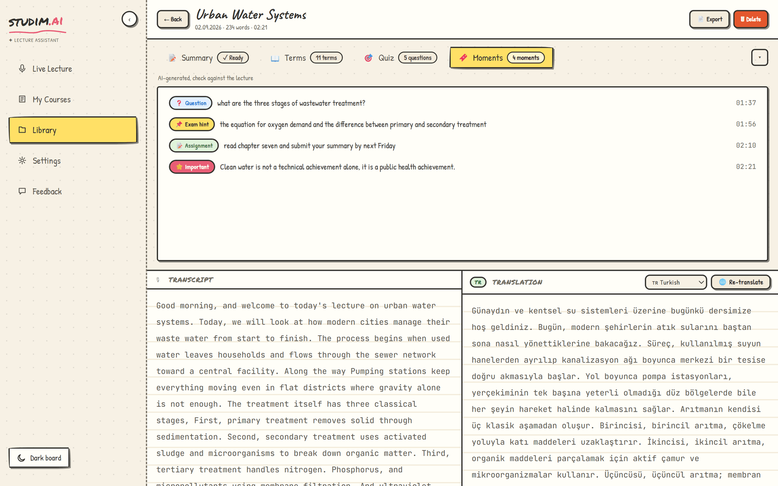 Moments tab: every exam hint, question and assignment from the lecture.