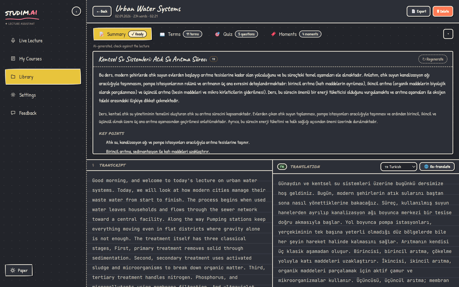 Library study desk, Summary tab: the lecture condensed into a few paragraphs.