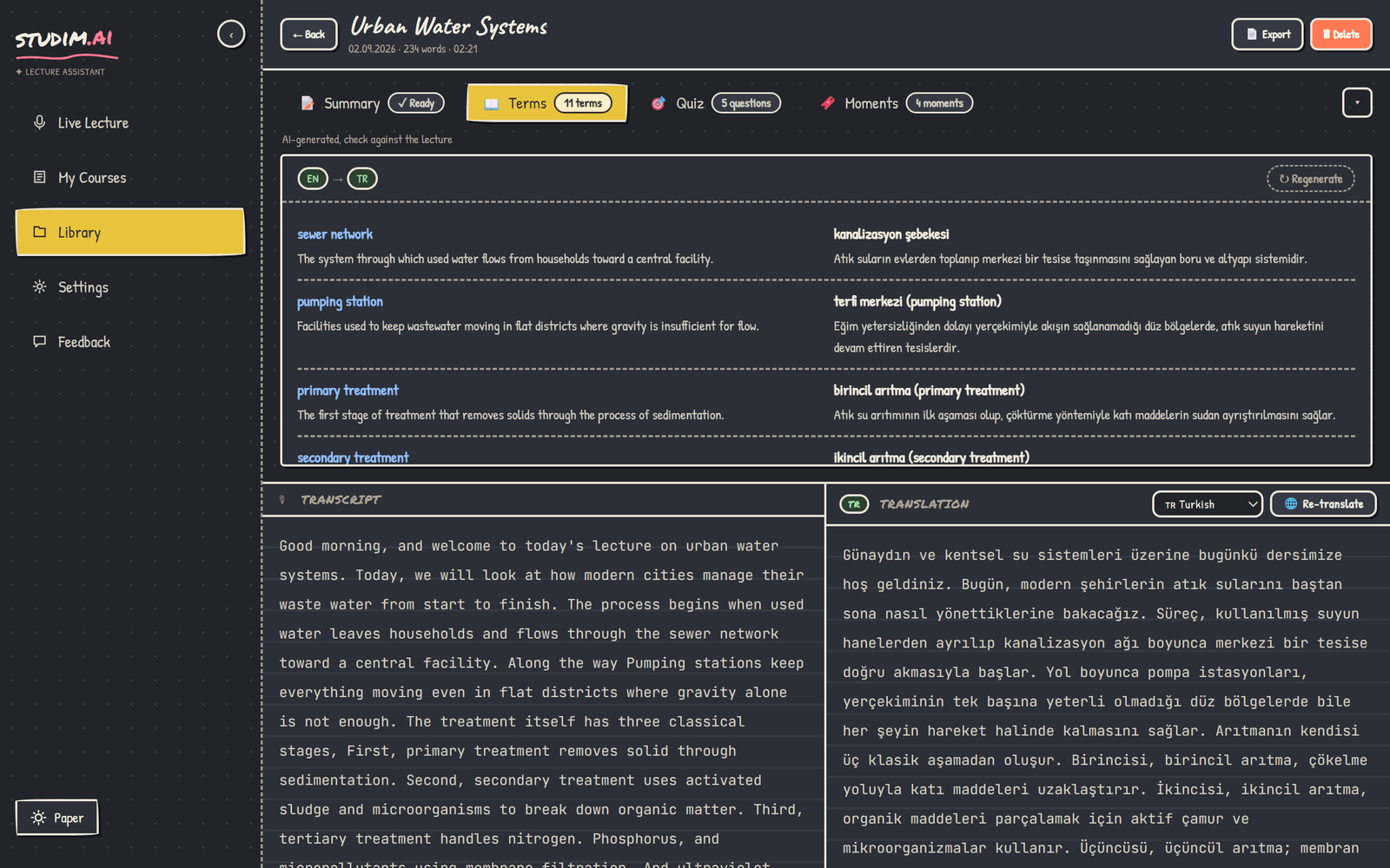 Terms tab: a bilingual glossary of the lecture's key terms.