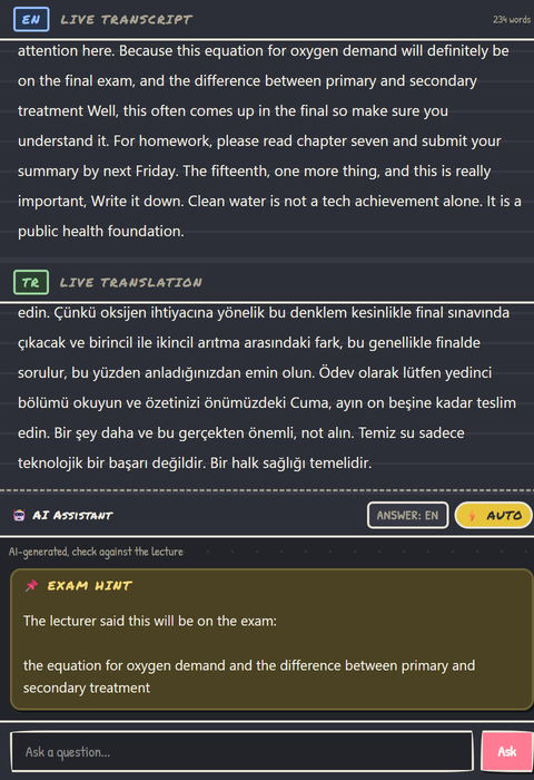 Live lecture: the transcript, the live translation and the assistant column with an exam hint and a lecturer's question with its classroom answer.