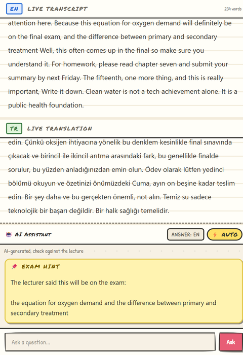 Live lecture: the transcript, the live translation and the assistant column with an exam hint and a lecturer's question with its classroom answer.