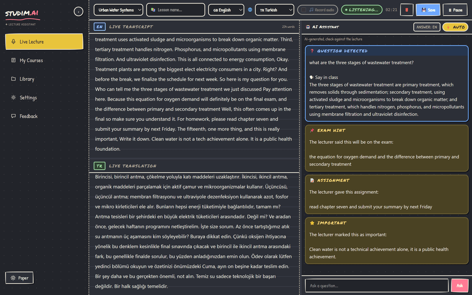 Live lecture: the transcript, the live translation and the assistant column with an exam hint and a lecturer's question with its classroom answer.