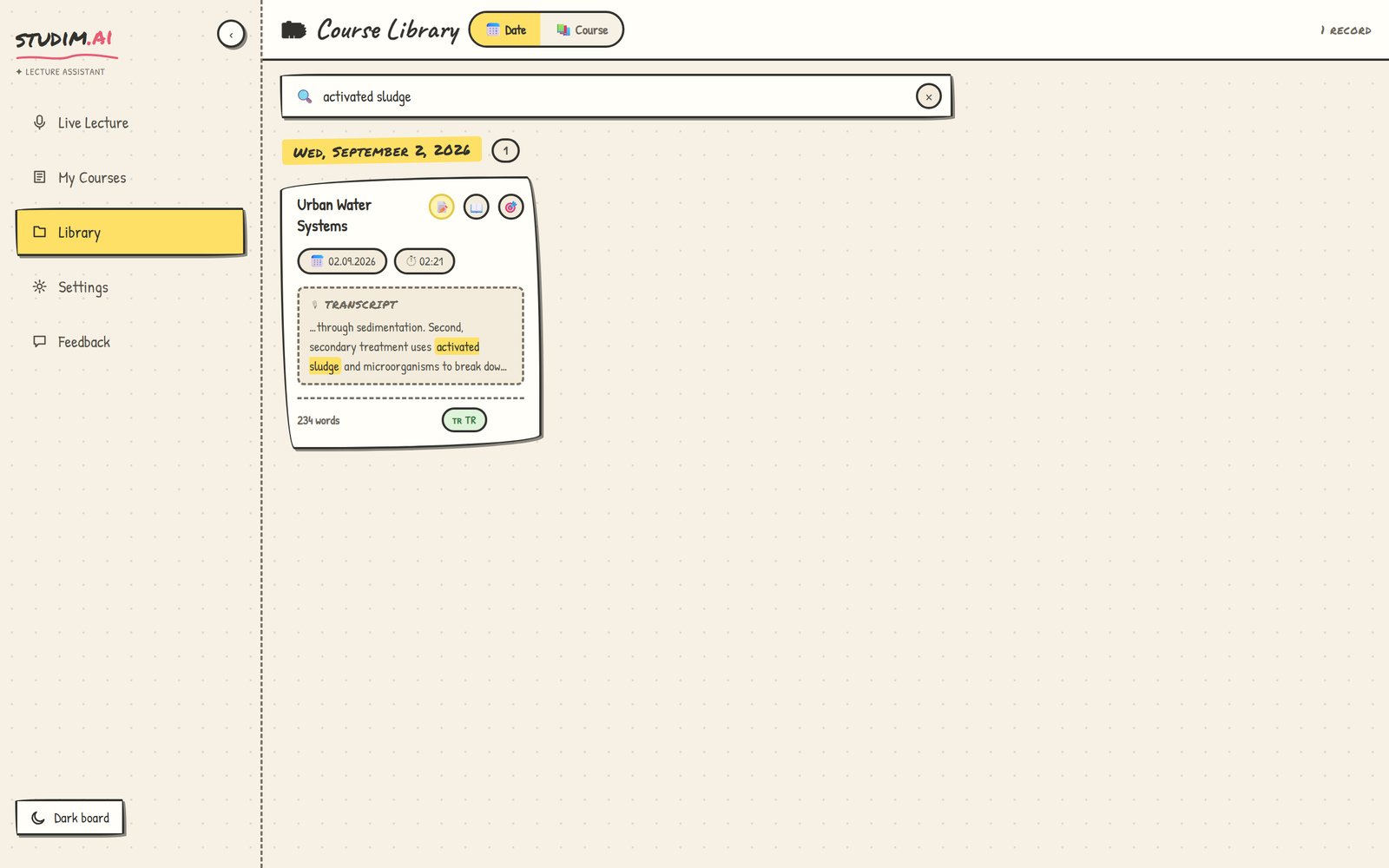 Library search: a hit inside a transcript with its snippet.